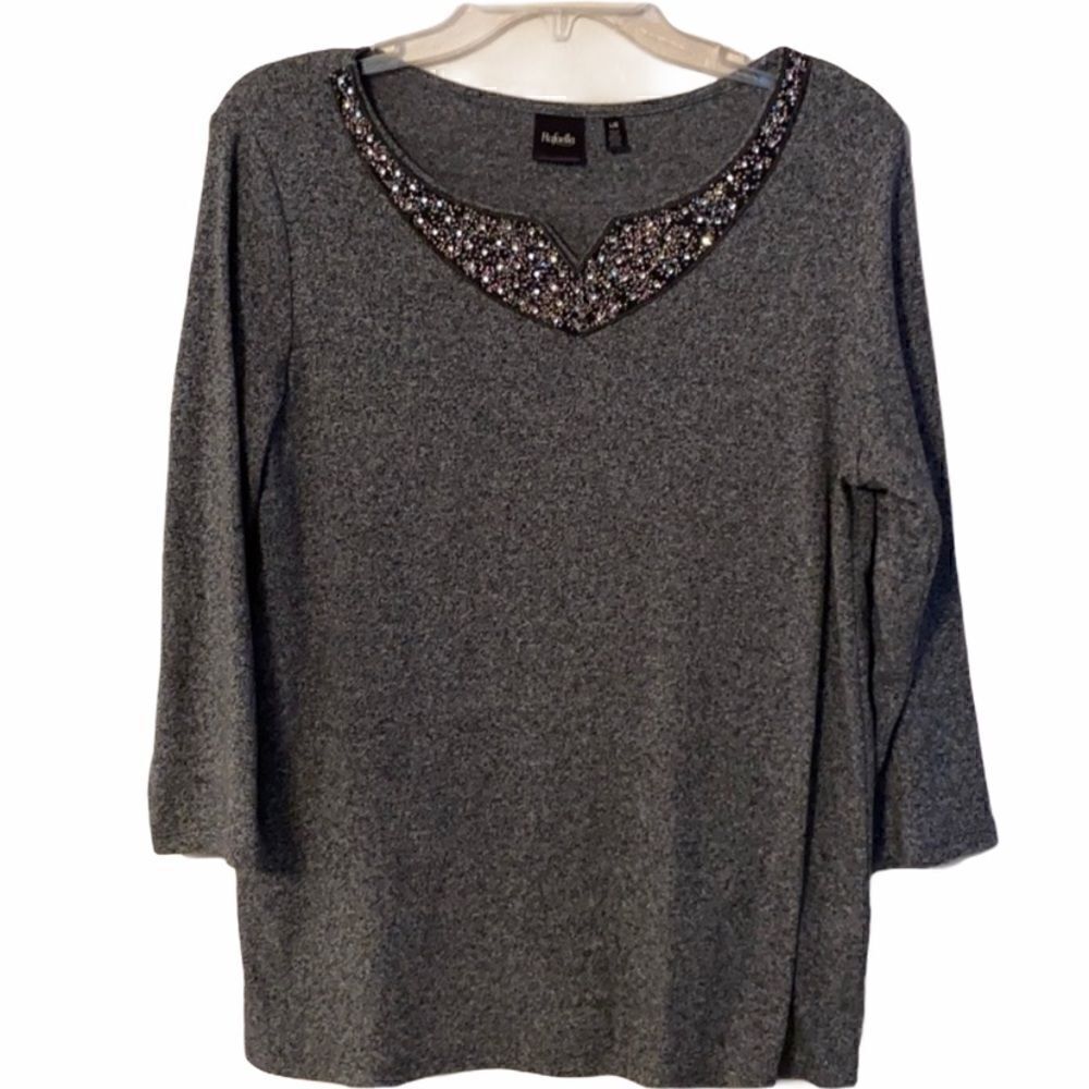 Rafaella 3/4 Sleeve Jeweled Neck Pullover